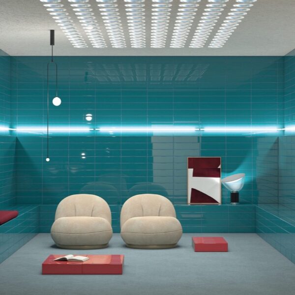 Carrelage Bardelli Cromia chez Piastrella - lounge mur intégral coloris turquoise