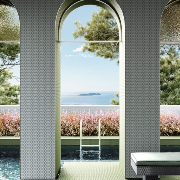 Carrelage Bardelli Eden chez Piastrella - arches piscine vue mer