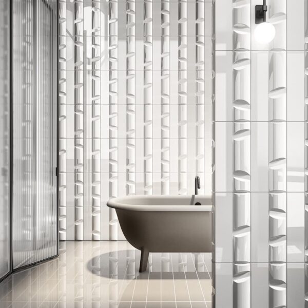 Carrelage Bardelli Volume chez Piastrella - salle de bain baignoire îlot coloris Bianco