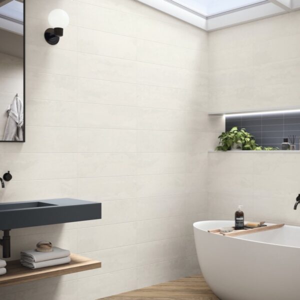 Carrelage effet béton, Concrete Rambla chez Piastrella - salle de bain avec baignoire îlot