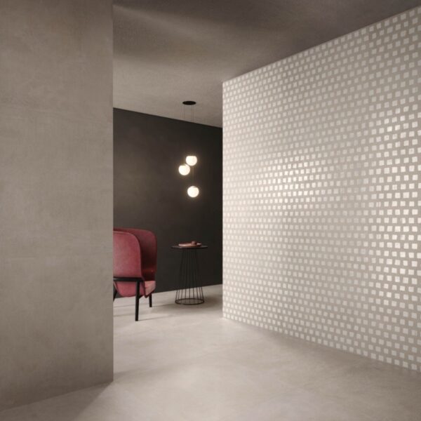 Carrelage effet béton, Essential Concrete chez Piastrella - salon coloris Concrete Pearl et Gem Pearl