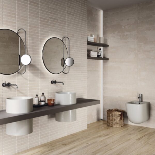 Carrelage effet béton, Industrial Blend chez Piastrella - vasque suspendue coloris Taupe
