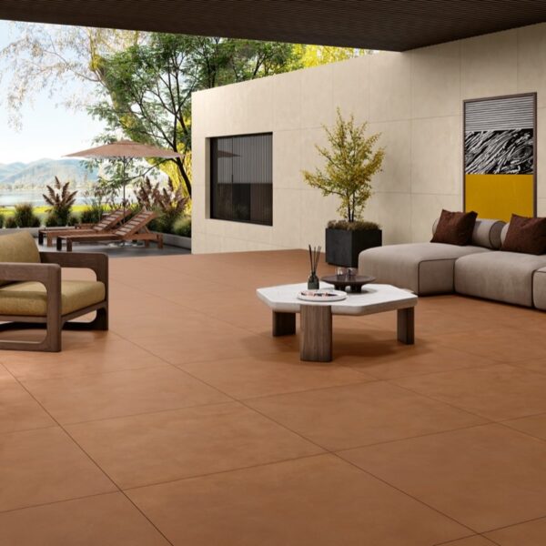 Carrelage effet béton, Softconcrete chez Piastrella - terrasse extérieure coloris Terracotta