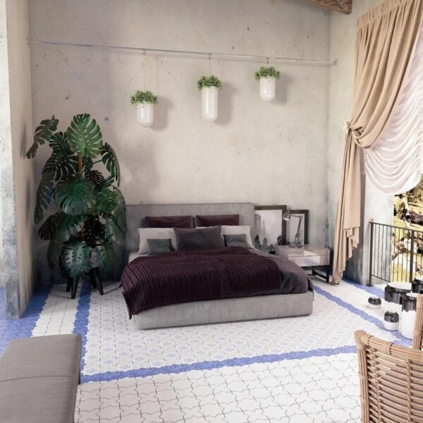 Carrelage effet carreau de ciment, Becolors chez Piastrella - sol de chambre en blanc et bleu graphique