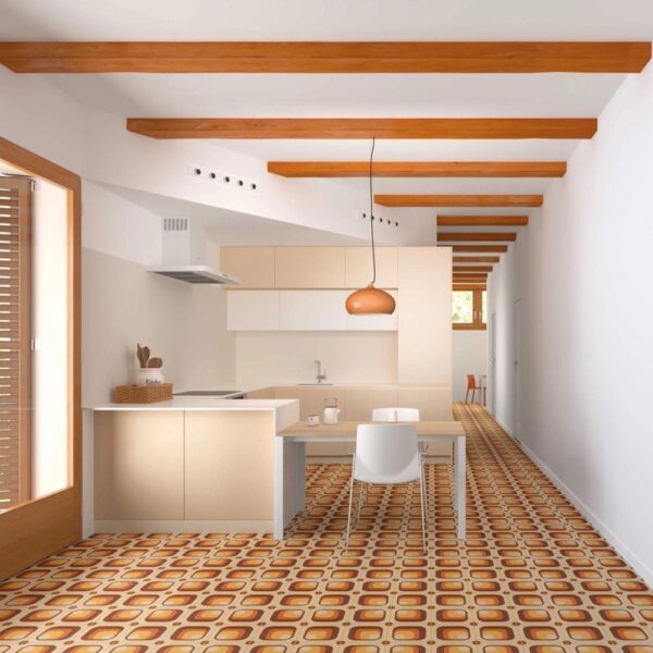 Carrelage effet carreau de ciment, Groovy chez Piastrella - sol de cuisine et couloir motif rétro terracotta