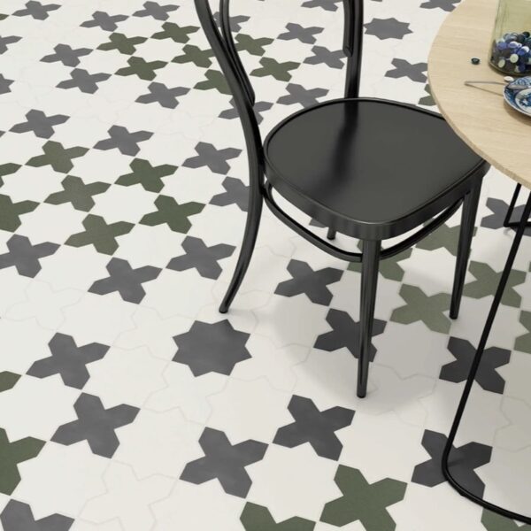Carrelage effet carreau de ciment, New York chez Piastrella - sol de cuisine coloris Musgo et blanc