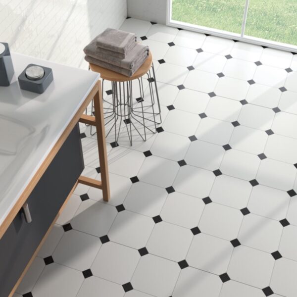Carrelage effet carreau de ciment, Octo Design chez Piastrella - salle de bain blanc et losanges noirs