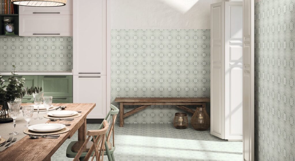 Carrelage effet carreau de ciment dans une cuisine, chez Piastrella