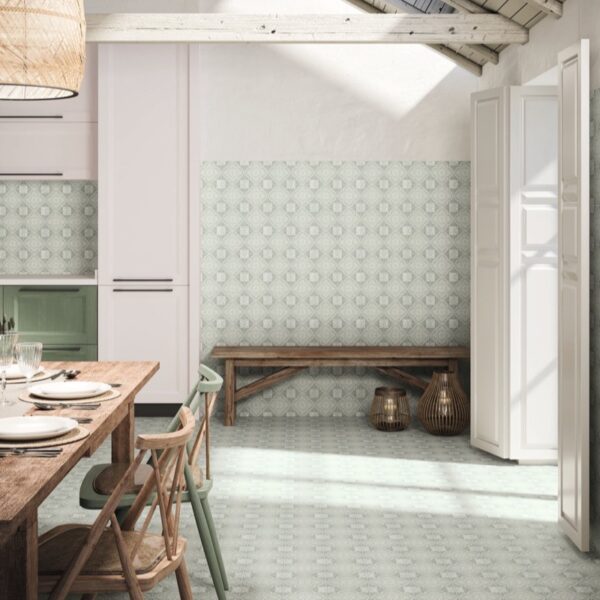 Carrelage effet carreau de ciment, Sienne Toscane chez Piastrella - cuisine coloris Aqua, mur et sol assortis