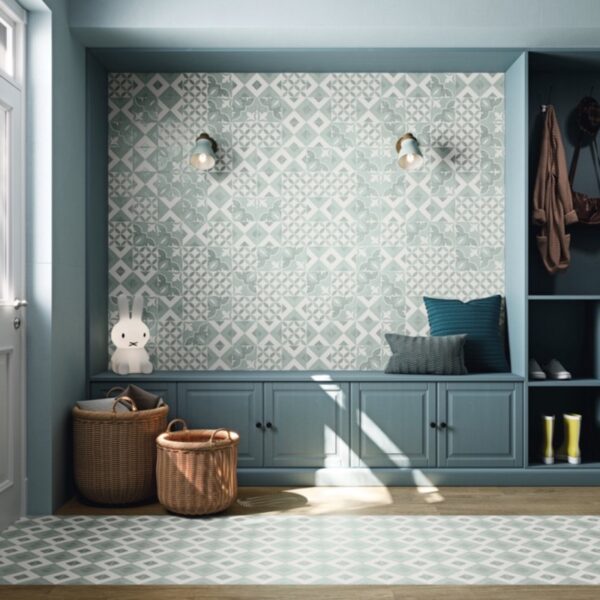 Carrelage effet carreau de ciment, Soft Concrete chez Piastrella - entrée coloris Aqua, motif rosace