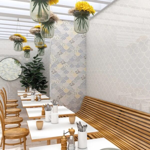 Carrelage effet écaille, Jazz chez Piastrella - mur mêlant coloris unis et pièces à motifs