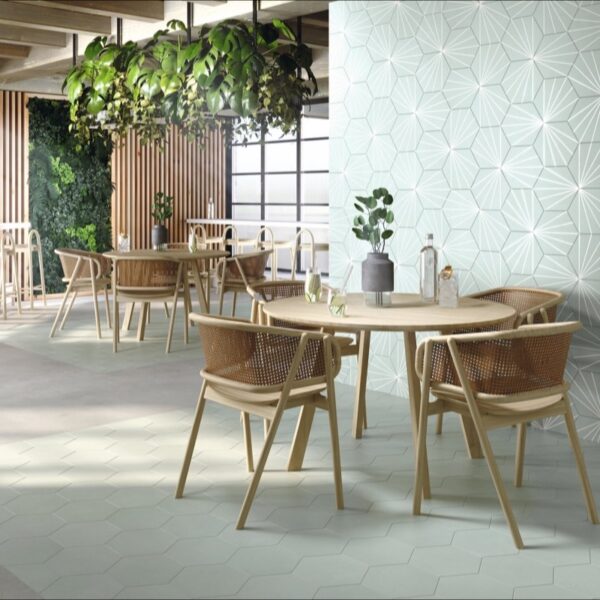 Carrelage effet hexagonal, Barcelona Concrete chez Piastrella - salle de restaurant sol coloris Palladium