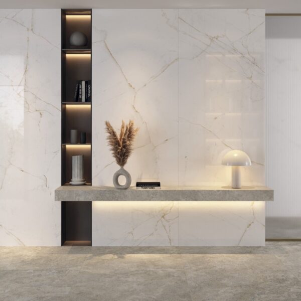 Carrelage effet marbre, Dual chez Piastrella - console et miroir sur sol grand format