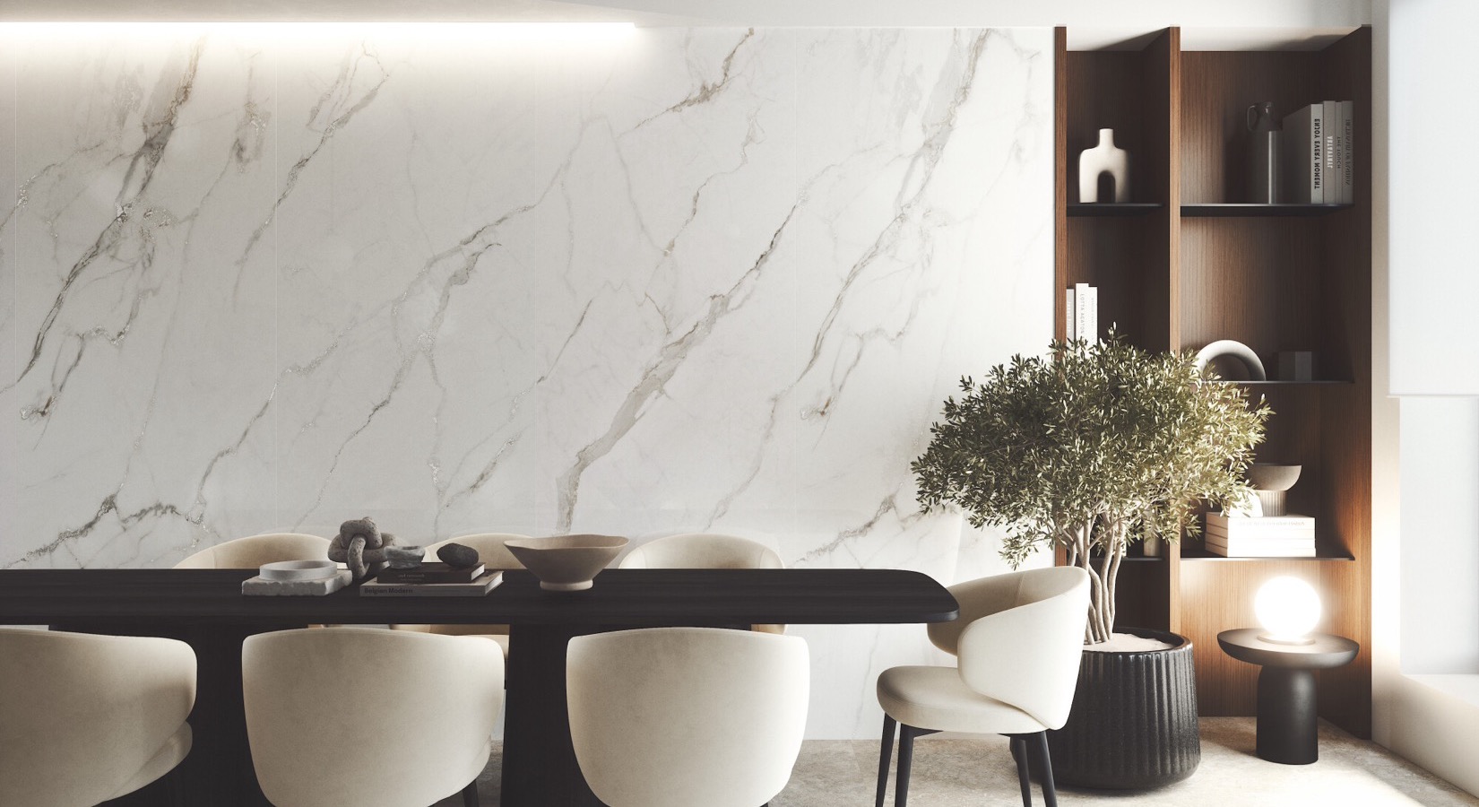 Museum : la céramique décorative espagnole s'installe chez Piastrella 3 Carrelage effet marbre, Lumiere chez Piastrella - salle à manger, pan de mur veiné toute hauteur