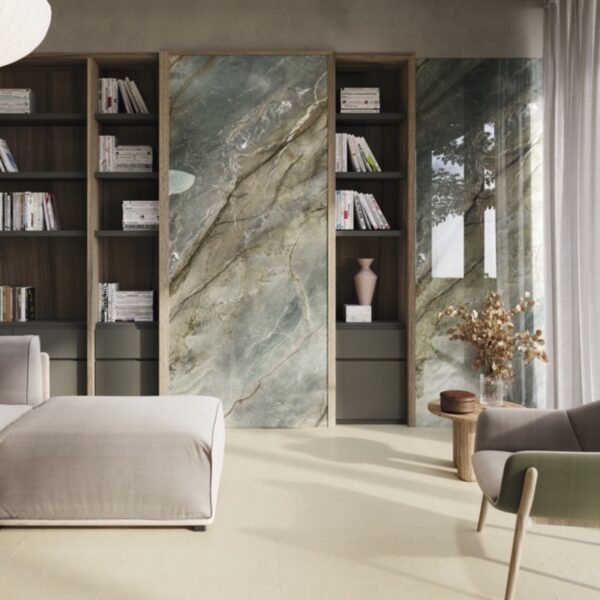 Carrelage effet marbre, Oro Brasiliano chez Piastrella - bibliothèque salon coloris Vert