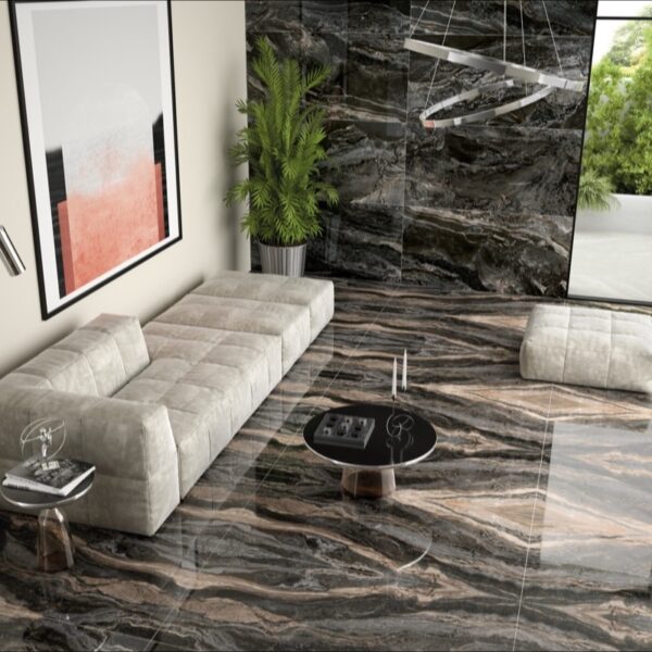 Carrelage effet marbre, Orobico chez Piastrella - salon avec pan de mur Book Match, coloris Dark