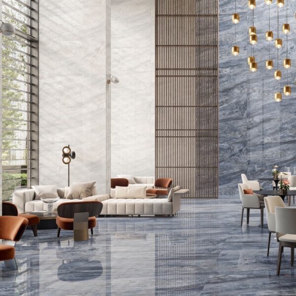 Carrelage effet marbre, Paradiso Bianco chez Piastrella - restaurant coloris Navy et Ice