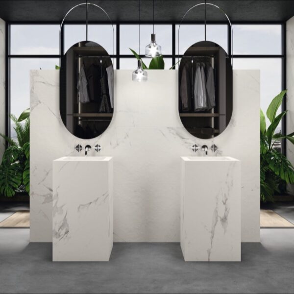 Carrelage effet marbre, Perla di Mandalay chez Piastrella - double vasque monolithique dressing