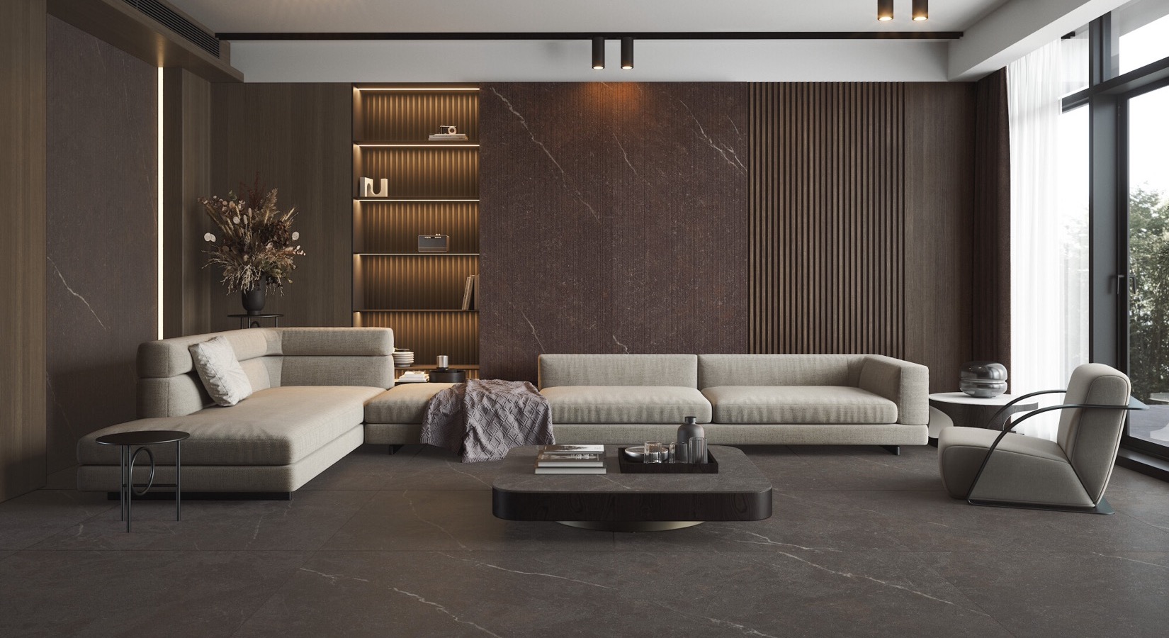 Museum : la céramique décorative espagnole s'installe chez Piastrella 2 Carrelage effet marbre, Royal chez Piastrella - salon avec pan de mur et sol assortis