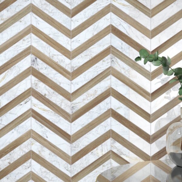 Carrelage effet marbre, Supreme chez Piastrella - mur chevron marbre et bois clair