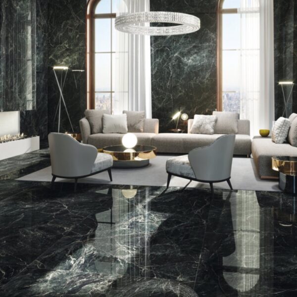 Carrelage effet marbre, Verde Alpestre chez Piastrella - salon panoramique coloris Vert
