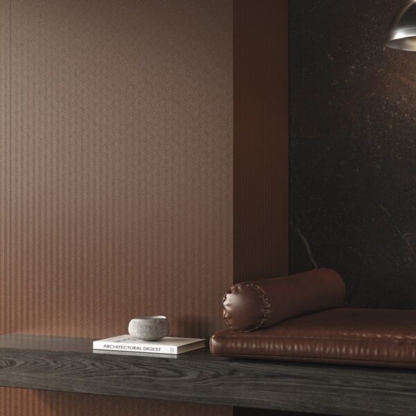 Carrelage effet métal, Kromo chez Piastrella - détail du pan de mur Copper texturé