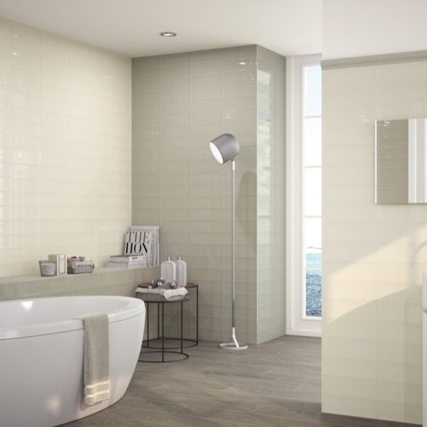 Carrelage effet métro, Belvedere Collection chez Piastrella - salle de bain coloris Cream et Whisper Sage