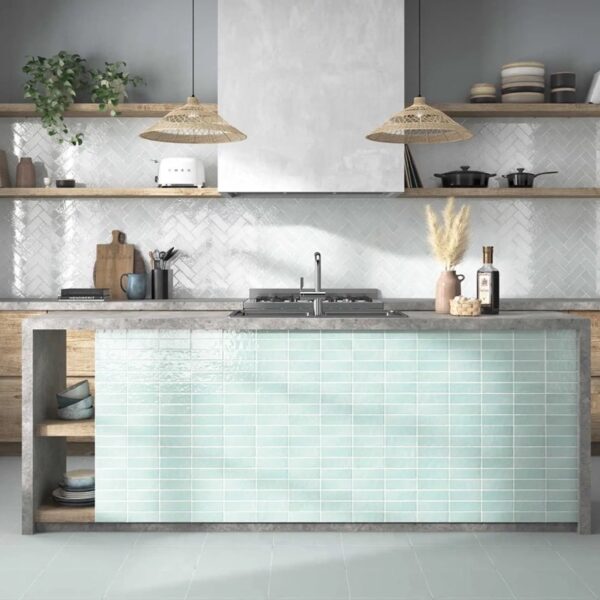 Carrelage effet métro, Terre chez Piastrella - îlot de cuisine coloris Mint