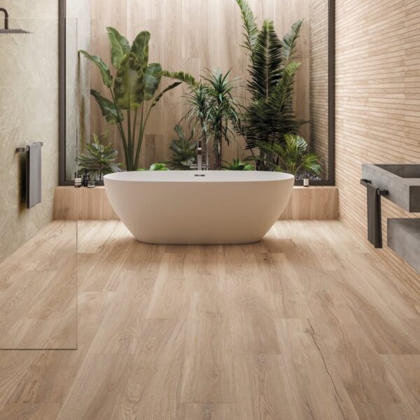 Carrelage effet parquet, Grow chez Piastrella - salle de bain tropicale coloris Kalua