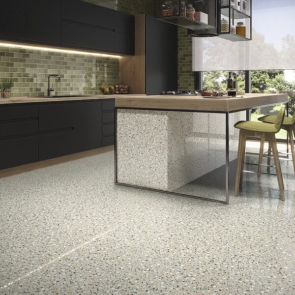 Carrelage effet terrazzo, Heritage Concrete chez Piastrella - cuisine îlot coloris Ivory