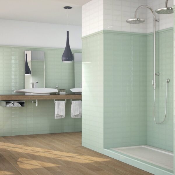 Carrelage effet zellige, Piemonte Soft chez Piastrella - salle de bain double vasque, coloris Apple