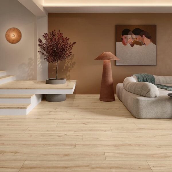 Carrelage imitation parquet, Boisway chez Piastrella - salon avec escalier coloris Light Beige