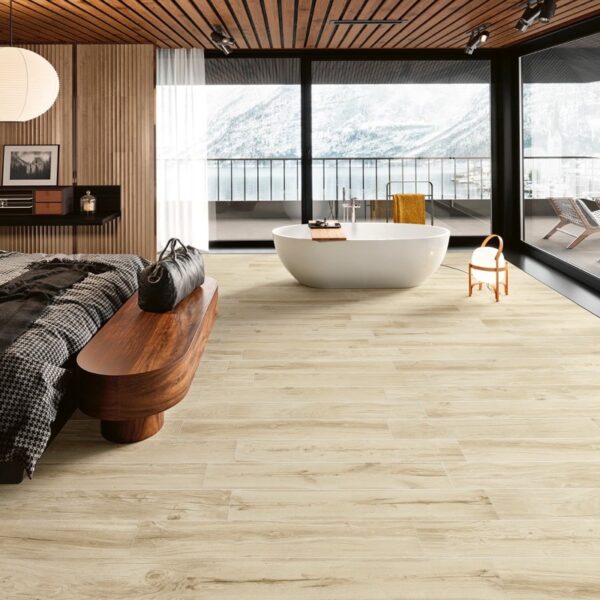 Carrelage imitation parquet, Natura Path chez Piastrella - chambre baignoire vue montagne coloris White