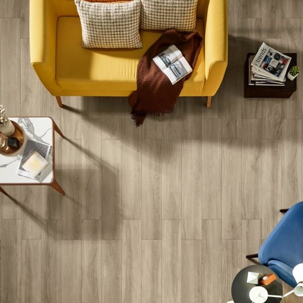 Carrelage imitation parquet, Oak Heritage chez Piastrella - salon vue de dessus coloris Tortora