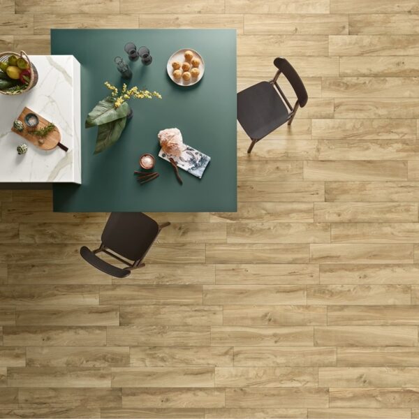 Carrelage imitation parquet, Purewood chez Piastrella - cuisine vue de dessus coloris Beige
