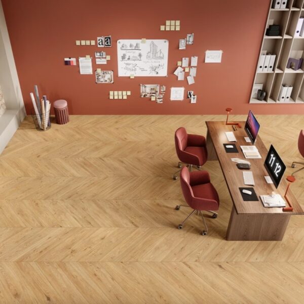 Carrelage imitation parquet, Wood Signature chez Piastrella - bureau pose chevron coloris Beige