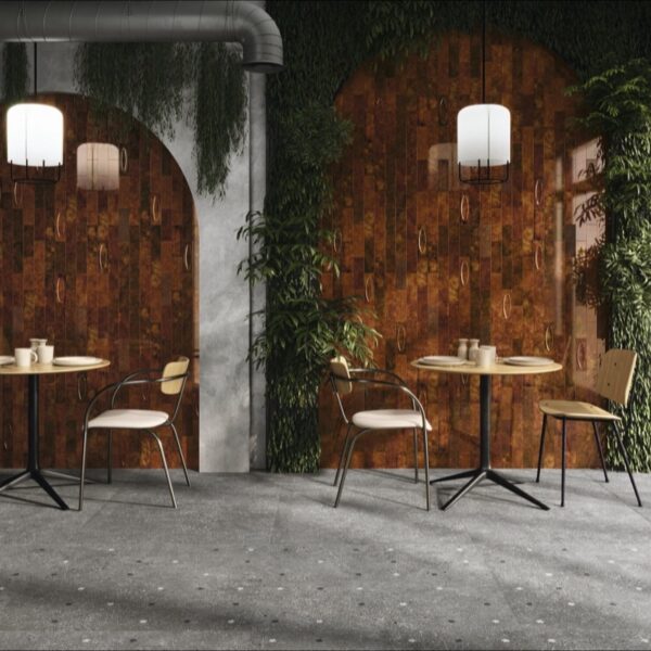Carrelage relief artisanal, Authentic Design chez Piastrella - restaurant sous arcades coloris Garnet