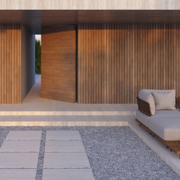 Carrelage travertin, Arte chez Piastrella - terrasse extérieure, allée en dalles sur gravier, coloris Cloud