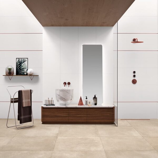 Carrelage uni mat, Soft Canvas chez Piastrella - salle de bain vasque marbre coloris White