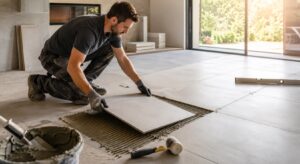 Accueil 24 Carreleur professionnel posant un carrelage grand format en grès cérame dans un salon chez Piastrella