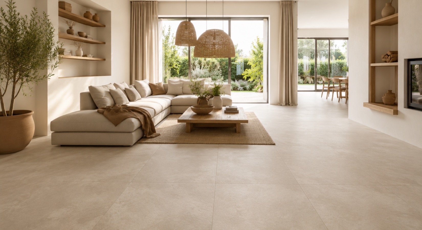Prix de pose du carrelage au m² : le guide complet 2 Pose de carrelage grand format en grès cérame dans un salon lumineux