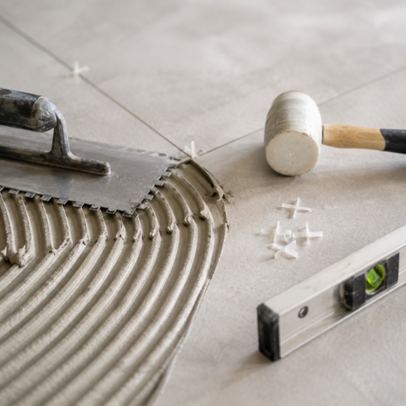 Prix de pose du carrelage au m² : le guide complet 1 Outils de pose de carrelage, peigne à colle et croisillons, chantier professionnel
