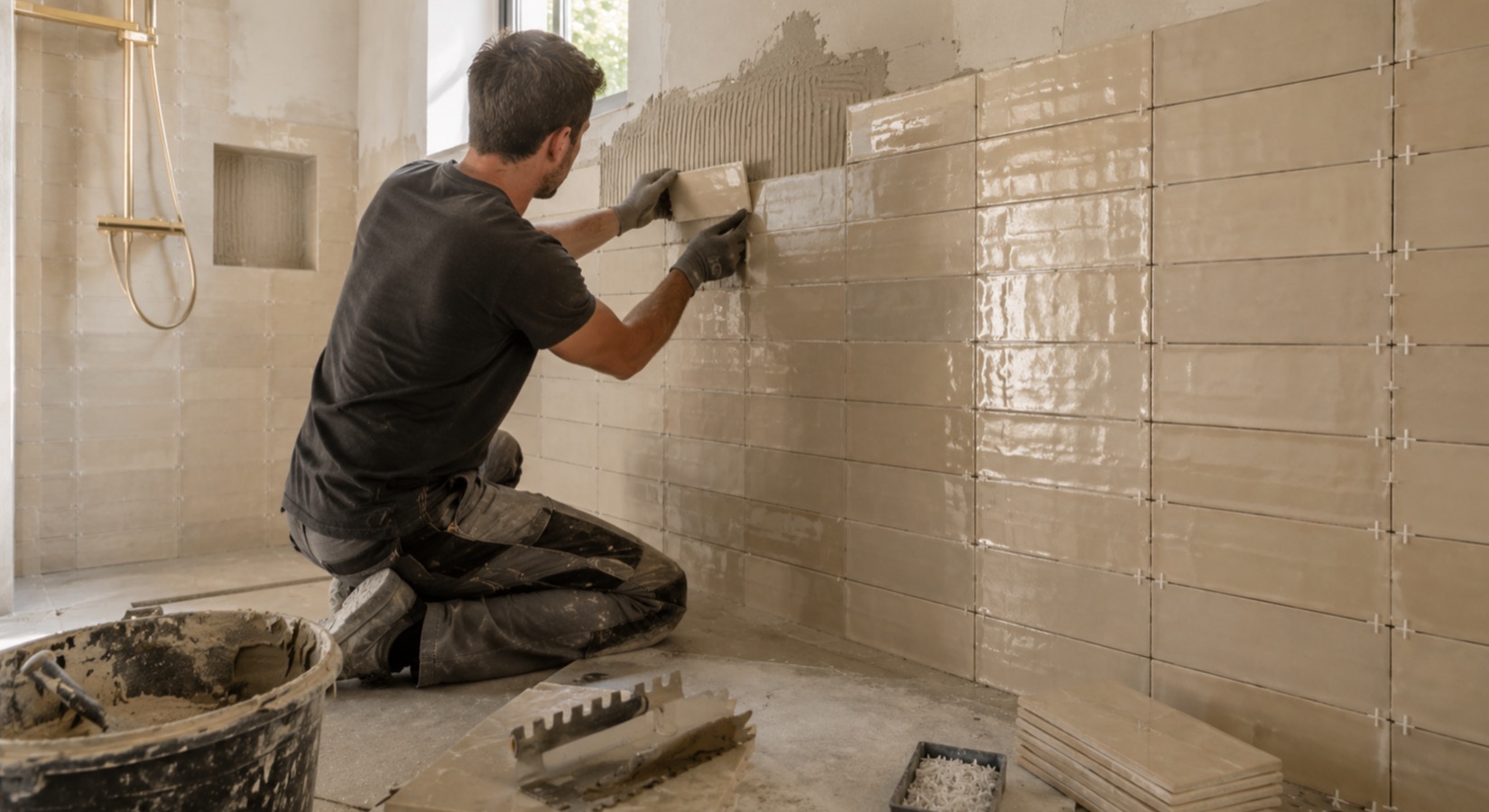 Prix de pose du carrelage au m² : le guide complet 3 Pose de faïence en salle de bain par un artisan carreleur professionnel