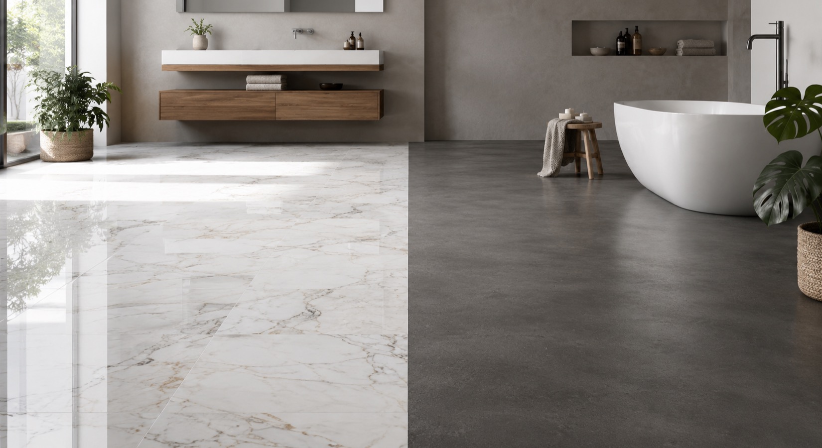 Quel revêtement choisir pour une salle de bain ? 1 Comparatif revêtement de sol salle de bain, grès cérame effet marbre et béton ciré