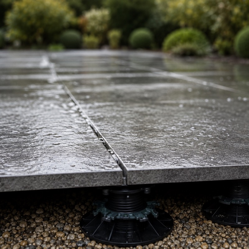 Carrelage sur plots : avantages et inconvénients 2 Terrasse carrelée posée sur plots après une averse, eau s'écoulant entre les joints sans stagner en surface