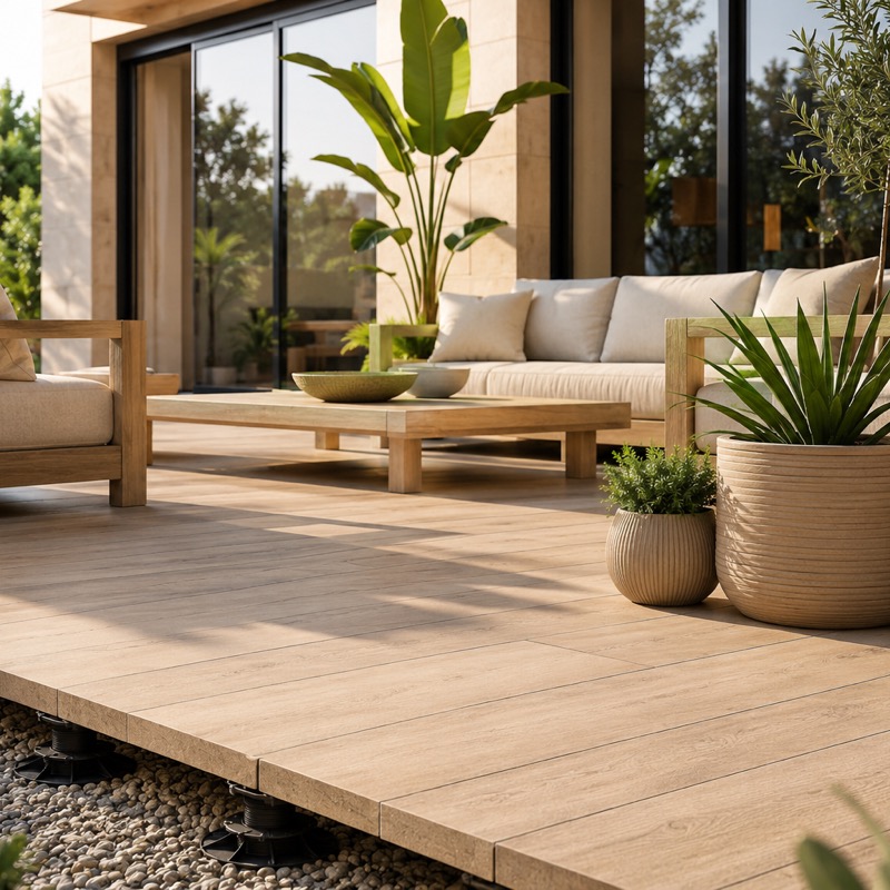 Carrelage sur plots : avantages et inconvénients 3 Terrasse en carrelage effet bois posée sur plots avec salon de jardin en teck