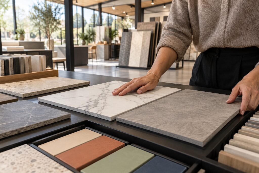 Comparaison d'échantillons de carrelage effet marbre et effet béton au showroom Piastrella